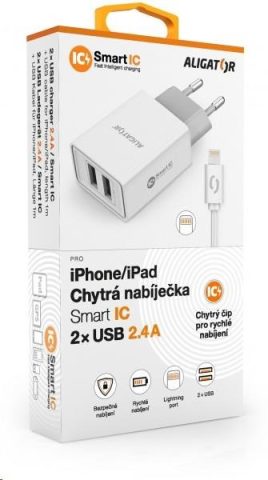 Aligator síťová nabíječka, 2x USB, kabel Lightning 2A, smart IC, 2, 4 A, bílá, černá